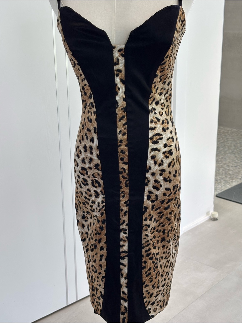 Strapless Leopard Print Bodycon Dress with Black Panels